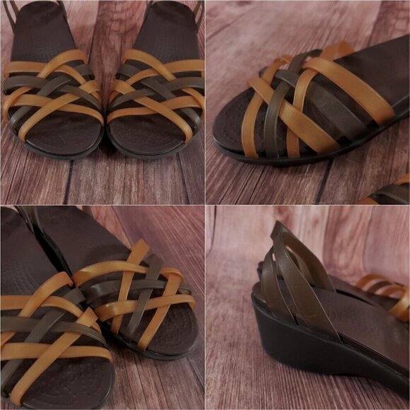 Crocs Womens Size 6 Huarache Mini Wedge Bronze Espresso Open Toe Sandals Shoes - Picture 9 of 14